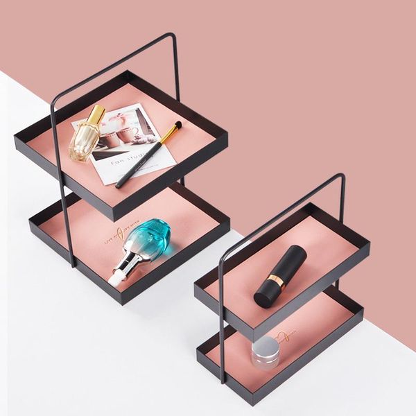 

hooks & rails remarkably double-layer leather pad metal storage tray entrance living room sundries cosmetics jewelry organizer