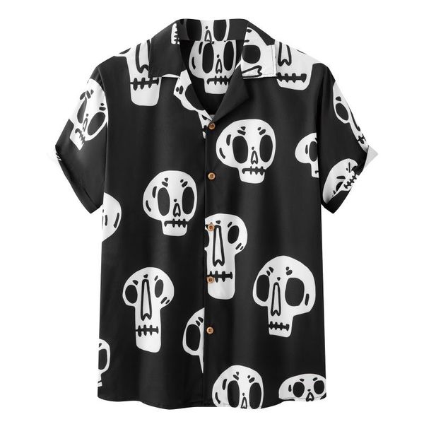 

men's casual shirts skeleton print fashion short sleeve for men loose v neck beach lapel male blouse chemise homme, White;black
