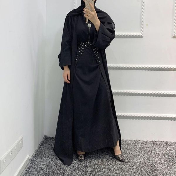 

ethnic clothing autumn dubai abaya set 3 piece outfits crinkled crepe women muslim open cardigan coat long sleeve dress beads wrap apron ski, Red