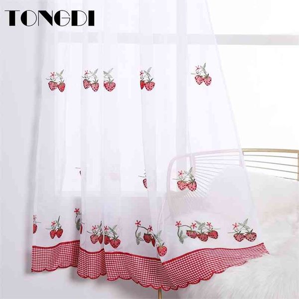 Tongdi Cozinha Curtain Valance Sheer Tiers Pastoral Frutas Café Bordado Decoração Tule para Janela Home Cozinha Sala de Jantar 210913