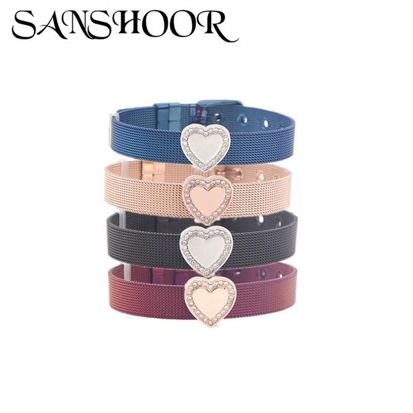 

charm bracelets drop sanshoor jewelry rhinestone crystal heart slide charms fit 10mm stainless steel mesh bracelet set for women couples, Golden;silver