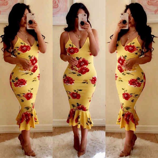 

casual dresses strap deep v neck floral women bodycon sleeveless strings yellow long print dress vestidos trumpet qfpv, Black;gray