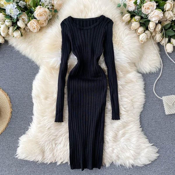 

casual dresses 2021 autumn women knitted elasticity dress sweater lady vintage long sleeve vestidos, Black;gray