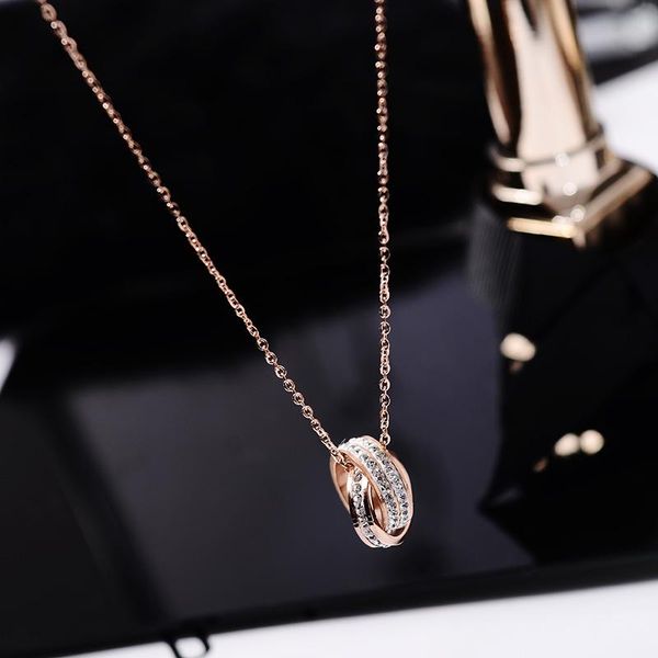 

pendant necklaces yun ruo fashion double circle crystal necklace rose gold color titanium steel jewelry woman birthday gift hypoallergenic, Silver