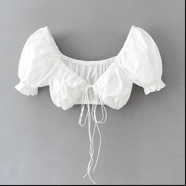 

womens shirts black white lace up bow tie short blouse women summer casual puff sleeve small femme crop