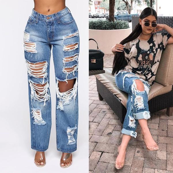 

retro jeans denim pants torn fashion hole ruin thin washed women slim stretch tights solid color hip hop women's, Blue