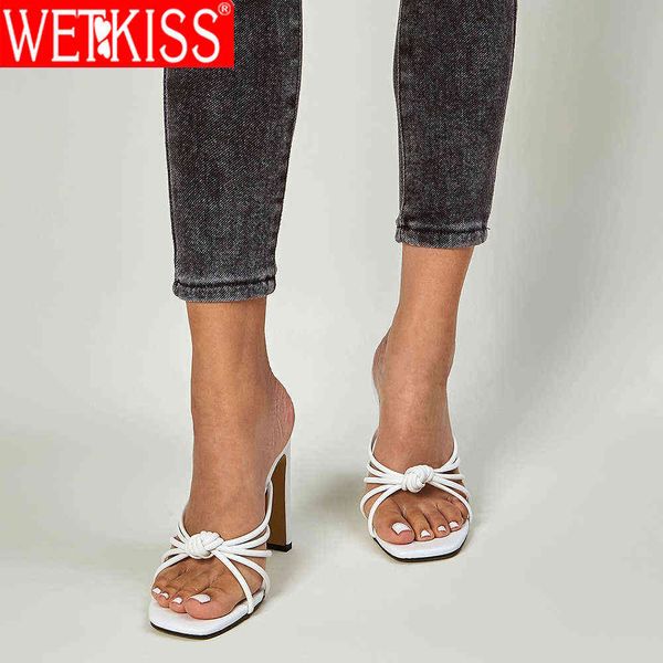 

wetkiss high heel slippers women woven slides sandals pu strappy summer mules shoes woman elegant dress shoes female 210630, Black