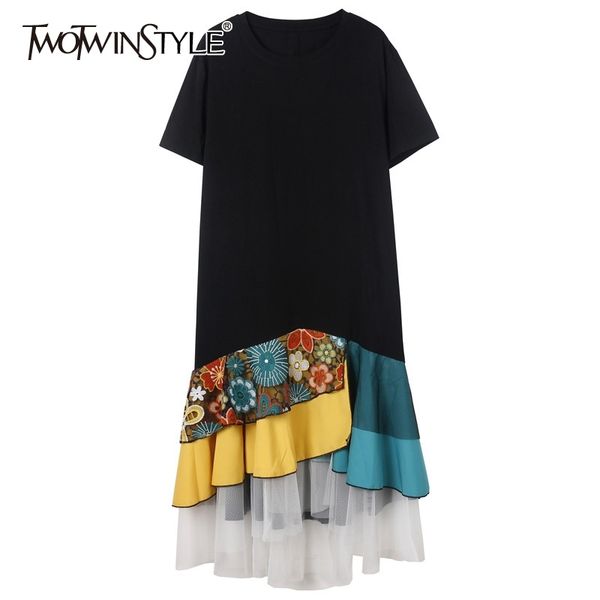 

twotwinstyle print patchwork dress for women o neck short sleeve irregular hem casual dresses female fashion new summer style 210428, Black;gray