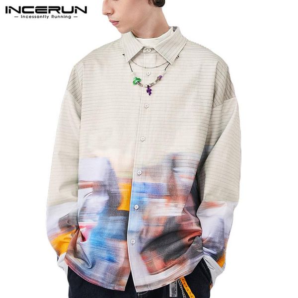 

spring men casual shirt printing streetwear turn down collar button fashion camisa masculina long sleeve s-5xl incerun 7 men's shirts, White;black