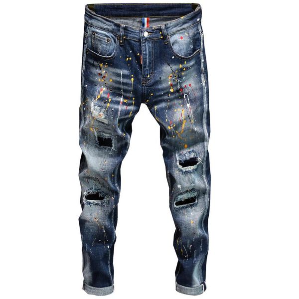 

style personality ripped jeans men's male korean trendy fashion paint dot splash ink design slim print pants trousers, Blue
