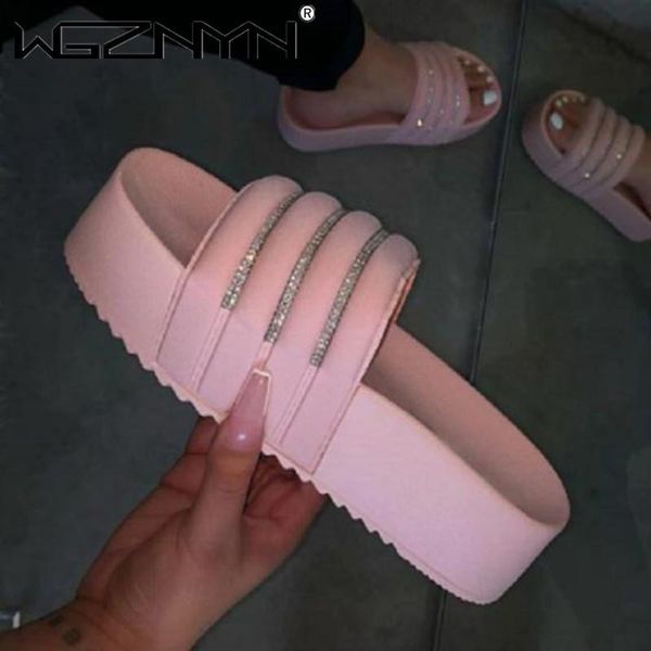 

slippers wgznyn rhinestones platform women bling flat sandals outside 2021 summer fashion ladies crystal slides, Black
