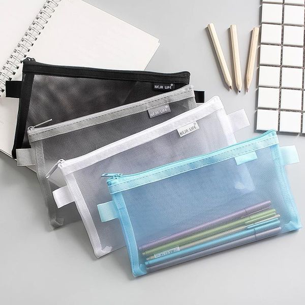 

pencil bags 2021 1pc pure color mesh case simple transparent document bag zipper stationery nylon office school supplies