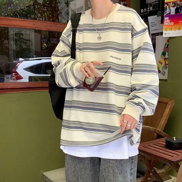 

men's t-shirts autumn winter casual striped loose long sleeve men t shirt fashion gray yellow oversized clothes korean 2021 grunge, White;black