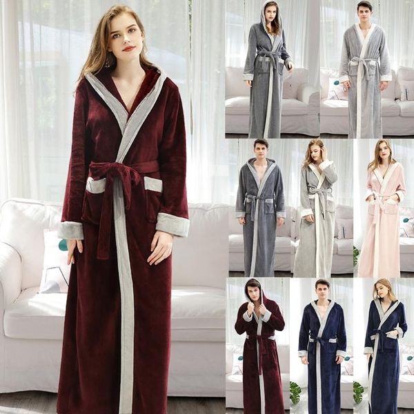 

women's sleepwear couple winter flannel hooded bathrobe contrast color warm plush belted nightgown j78e, Black;red