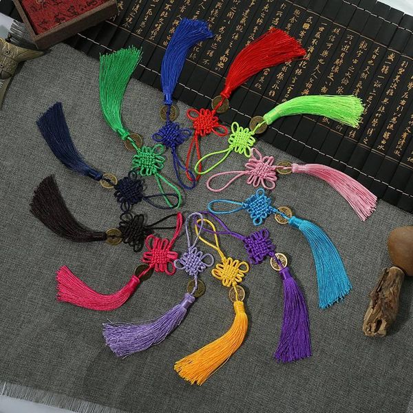 

keychains handmade chinese red lucky knot traditional plum auspicious flower copper coin tassel for car hanging decoration 12pcs, Silver
