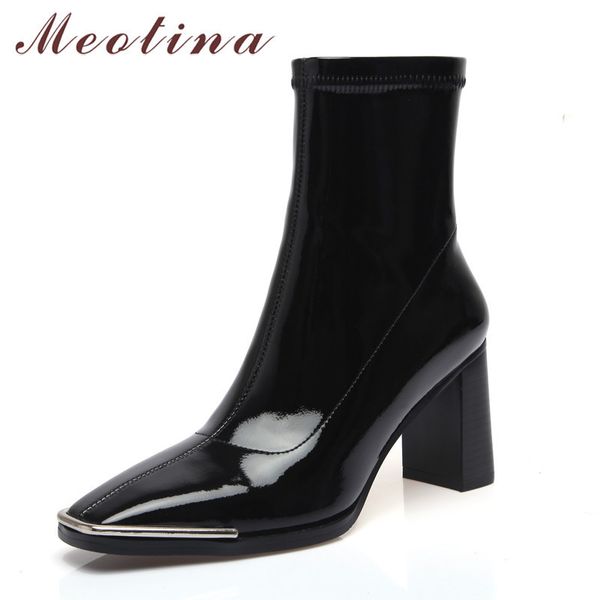 

meotina genuine leather high heel short boots women shoes square toe chunky heels zipper ankle lady boots black autumn winter 43 210520