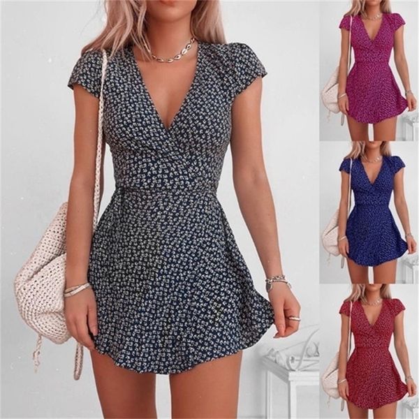 

floral print mini dress for women short sleeve v-neck dresses ladies high waist fashion vestido summer high street 220311, Black;gray
