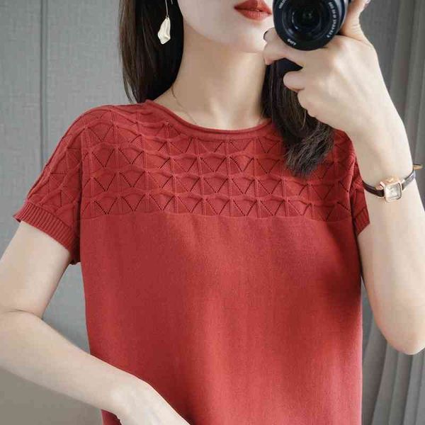 

women's t-shirt cotton sweater short-sleeved women's o-neck t-shirt summer hedging half-sleeved loose knit bottoming t-shirt rxdi, White