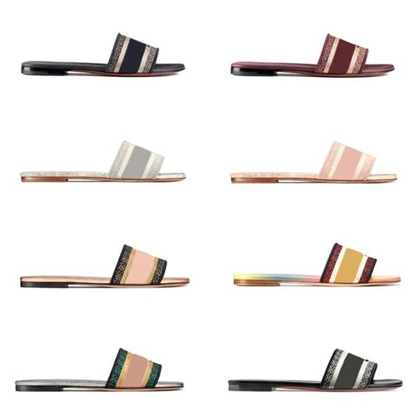 

women dway slide slipper designer flat embroidered cotton upper leather sole printed sandals flat flip flops beach causal slipper with box, Black