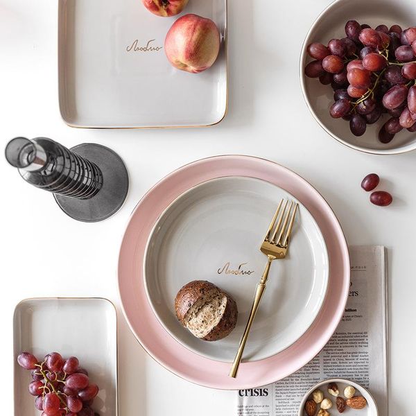 

dishes & plates simple gray pink ceramic plate set phnom penh porcelain tableware dinner rice salad noodles bowl soup dish drop ship