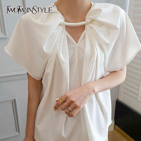 

elegant loose women t shirt o neck short sleeve ruched hollow out t-shirts female fashion clothes summer 210524, White