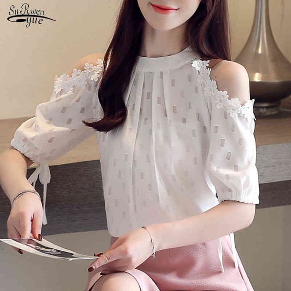 

summer women's loose korean chiffon blouse casual off-shoulder short-sleeve women shirts solid pullover ladies 9246 210508, White
