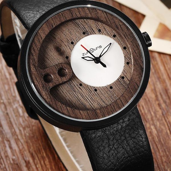 

wristwatches fashion unique exquisite carving hollow design natural wood watch for male wooden leather band men wrist quartz clock, Slivery;brown