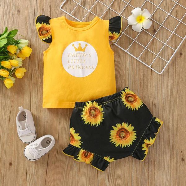 

baby clothes infant girls short sleeve letter print +sunflower shorts outfits set clothing sets vestido bebes, White