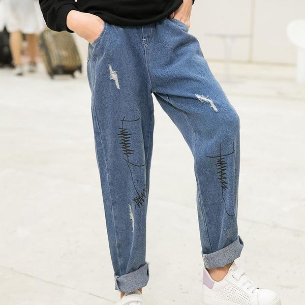 

jeans korean pants for kids girls spring autumn broken hole cotton children elastic waist denim trousers teenage clothes, Blue