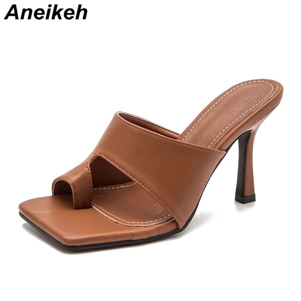 

aneikeh fashion women shoes summer solid pu slides shallow outside concise stiletto heels square toe brown size 36-42 210628, Black