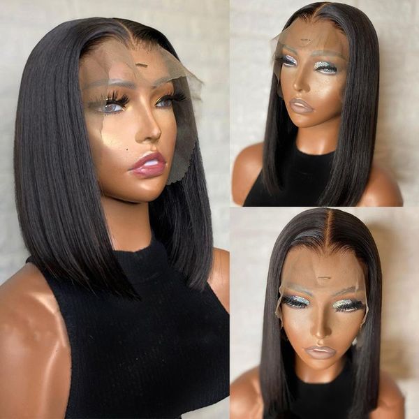 

lace wigs 13x4 short bob front human hair frontal wig straight pre plucked bleached knots remy closure, Black;brown