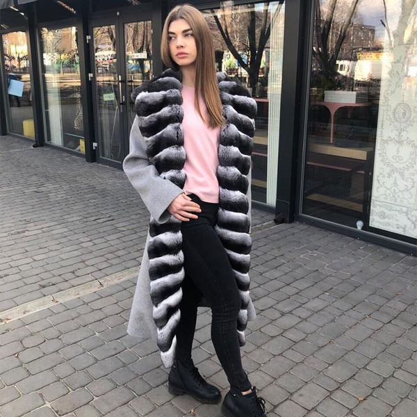 

women's fur & faux arlenesain double face cashmere long women coat with big collar chinchilla, Black