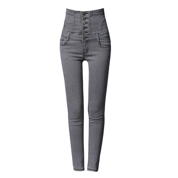 

jeans women's plus size corset pencil foot pants 2021 spring high waist smoke gray trousers, Blue