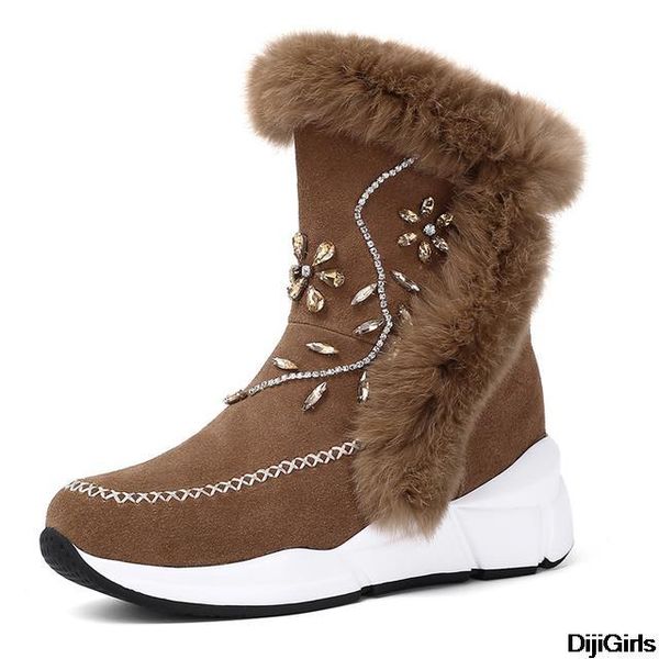 

boots 2021 winter snow women fur rhinestone handmade warm flat ankle suede leather comfortable casual shoes, Black