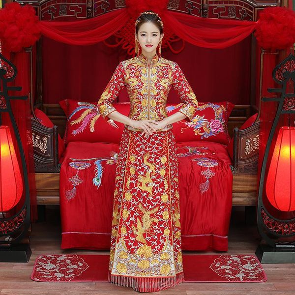 Abbigliamento etnico Dragon Gown Sposa Abito da sposa Costume in stile cinese Phoenix Cheongsam Spettacolo serale Slim For The