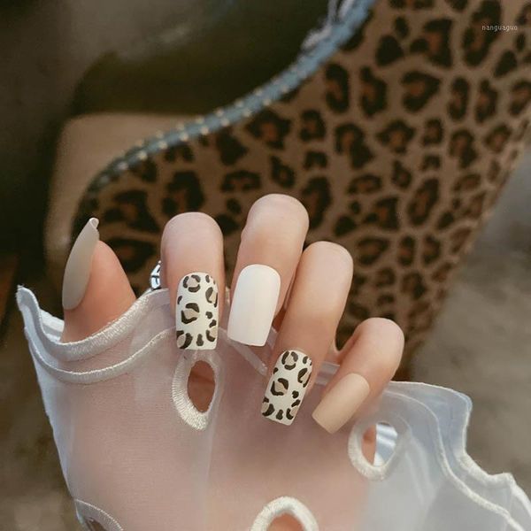 

24pcs/box frosted leopard pattern mid-length fake nails press on square head full cover fingernails matte nail tips with 2g glue1, Red;gold