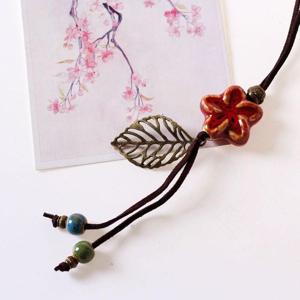 

pendant necklaces ethnic style handmade rope ceramic necklace sweater chain flower pendants tassel antique copper leaf long pu cord jewelry, Silver