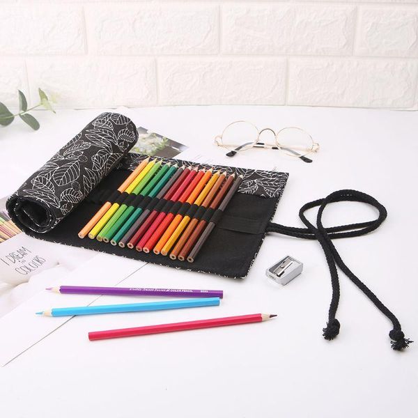 

pencil bags beautiful leaf school case roller 12/24/36/48/72 holes canvas roll up makeup pen bag for girls boys stationery
