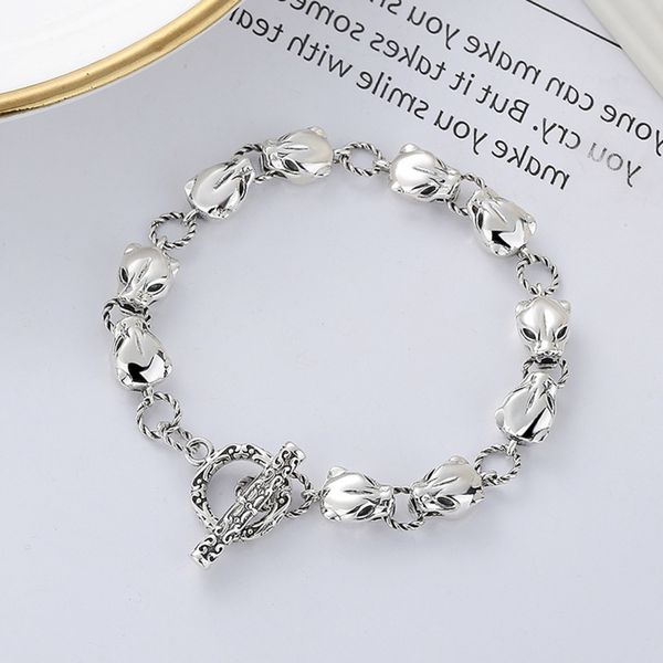 

yunchaoxuan s925 sterling silver vintage ot buckle personalized leopard head biting ring shape fashion niche bracelet, Black