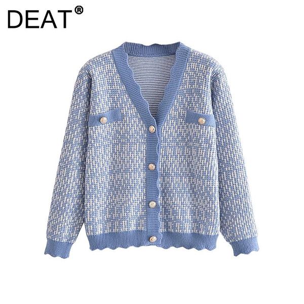 

women's knits & tees [deat] 2021 autumn fashion tide single-breasted long sleeve v-neck printing loose knitting casual women sweater 13, White