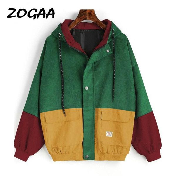 

women's jackets zogaa 2021 hooded corduroy jacket windbreaker pocket color patchwork bomber coat autumn winter thickened women, Black;brown