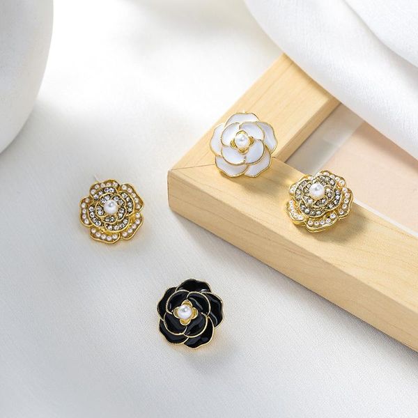 

silver needle pearl earring design sense french asymmetrical camellia eardrop web celebrity temperament vintage jewelry stud, Golden;silver