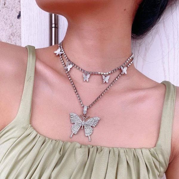 

pendant necklaces 2pcs sparking fully iced out crystal pave butterfly cubic zircon 3d necklace fashion jewelry, Silver