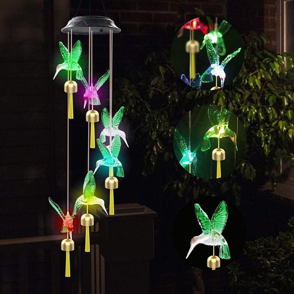 

solar lamps green hummingbird bell wind chimes outdoor romantic led color changing light