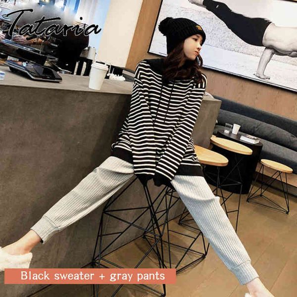

knit 2 piece knitted set women tracksuits fall winter basic women pullover sweater + carrot harem pants sporting suit female 210514, White