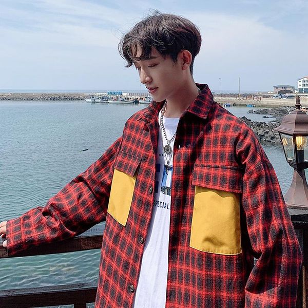 

spring and autumn japanese youth loose plaid long sleeve shirt fashion casual jacket red / black men's shirts, White;black