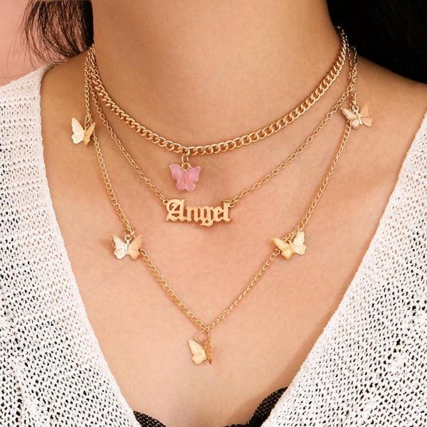

multilayer butterfly choker necklace for women girl fashion letter angel statement female party jewelry gift 2021 pendant necklaces, Silver