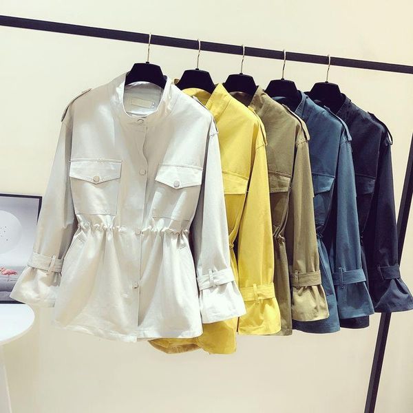 

women's trench coats spring and autumn solid color medium-length windbreaker jacket 2021 korean version of loose waist zipper woman, Tan;black