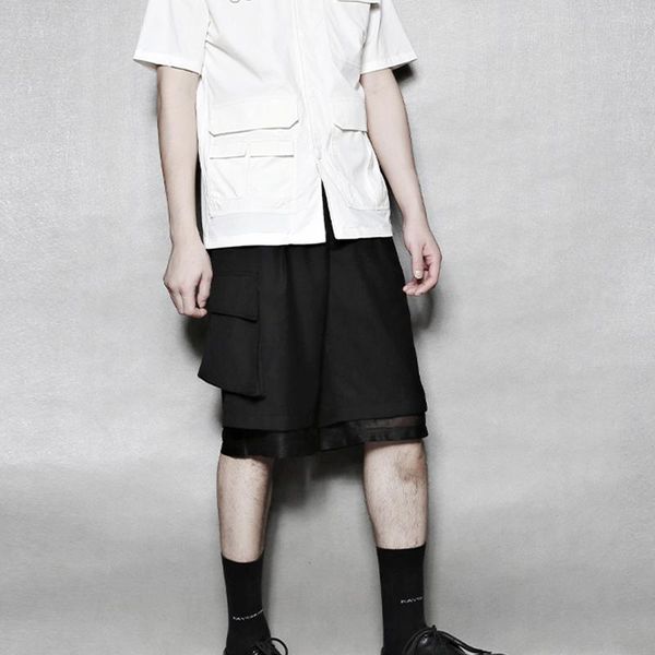 

asymmetrical, double-decker cargo pants, easy-fitting shorts, White;black