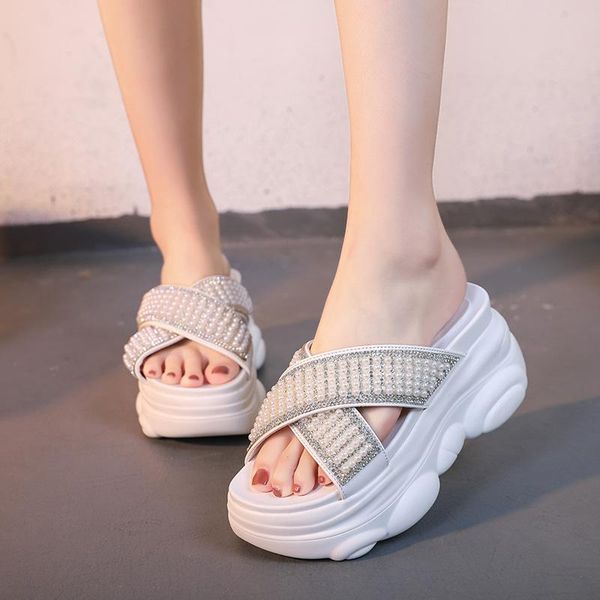 

dress shoes womens platform sandals wedge high heels woman slip on pearls summer zapatos mujer candy colors slides, Black